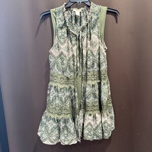 Elegant Olive Patterned Sleeveless Blouse/Cardigan, Size S